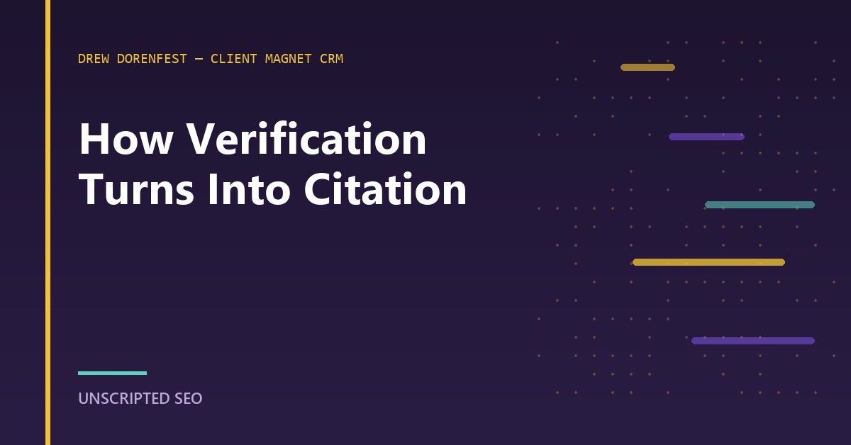 A three-step flow from published claim to crawler source-check to the page being quoted in an AI answer.