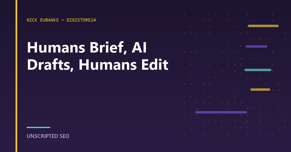 A three-stage content pipeline diagram with human hands on the brief and the edit and an AI icon only in the middle draft stage.
