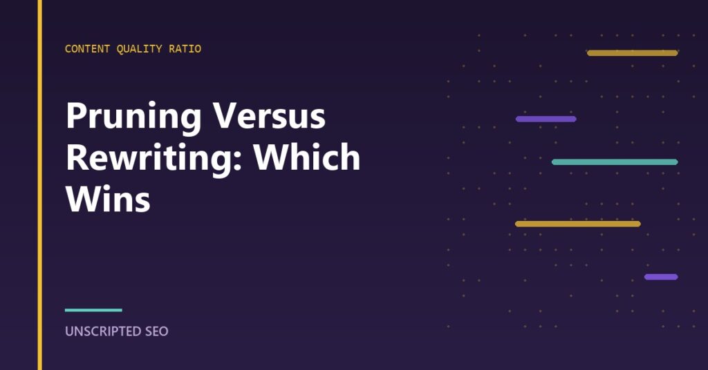 A decision tree routing each audited URL toward prune, redirect, rewrite or leave-as-is based on traffic and intent.