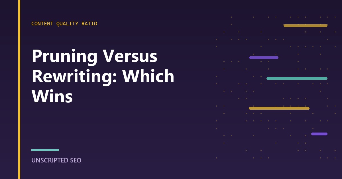 A decision tree routing each audited URL toward prune, redirect, rewrite or leave-as-is based on traffic and intent.