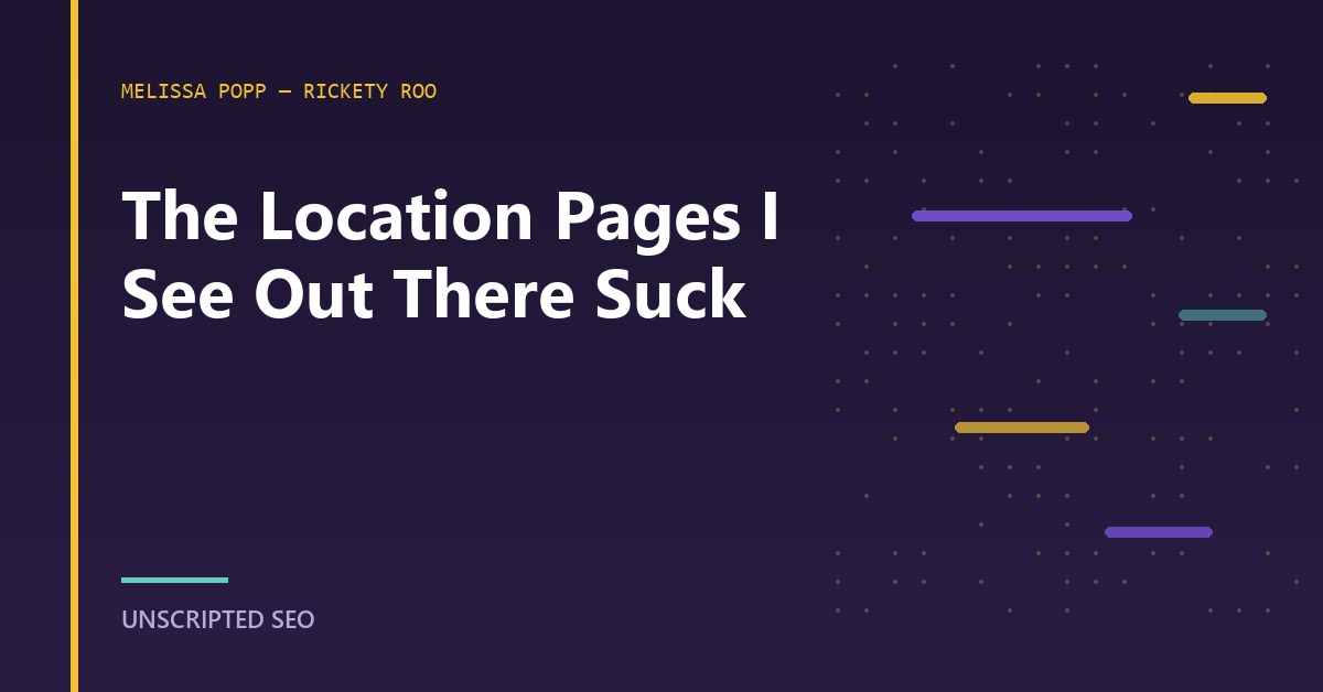 A teardown graphic marking up a thin location page with duplicated body copy and no local proof elements.