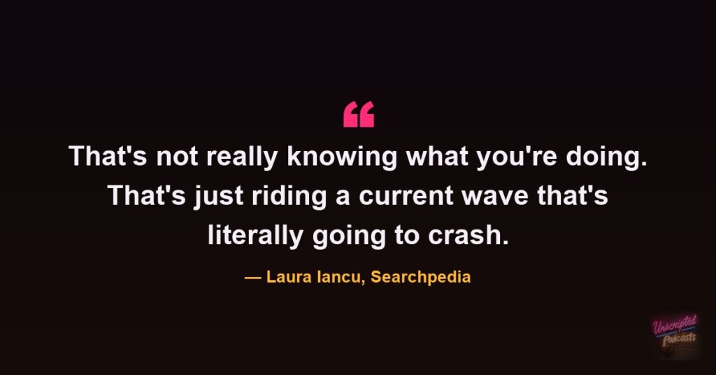 Quote card: Laura Iancu on quick wins in AI search being a current wave that is going to crash
