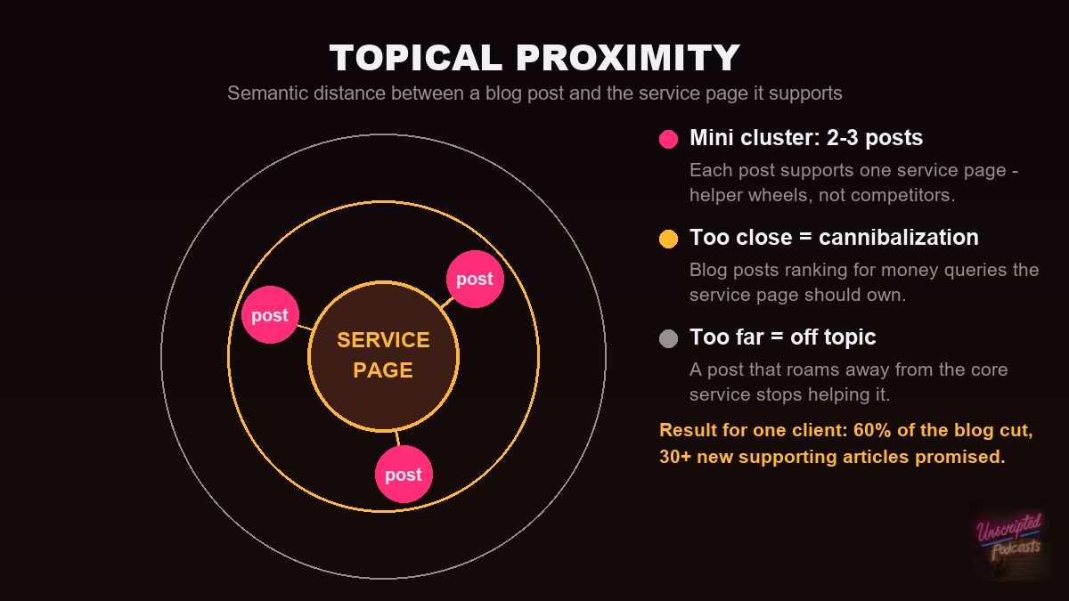 Topical proximity diagram: a service page at the center with two to three supporting blog posts around it; posts too close cannibalize money queries, posts too far drift off topic; result for one client was 60% of the blog cut and 30+ new supporting articles promised